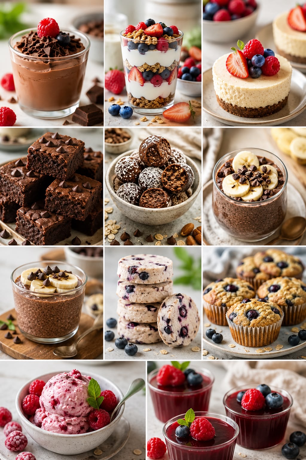 Healthy high-protein dessert recipes including chocolate mousse, berry parfait, cheesecake, brownies, energy balls, chia pudding, and more