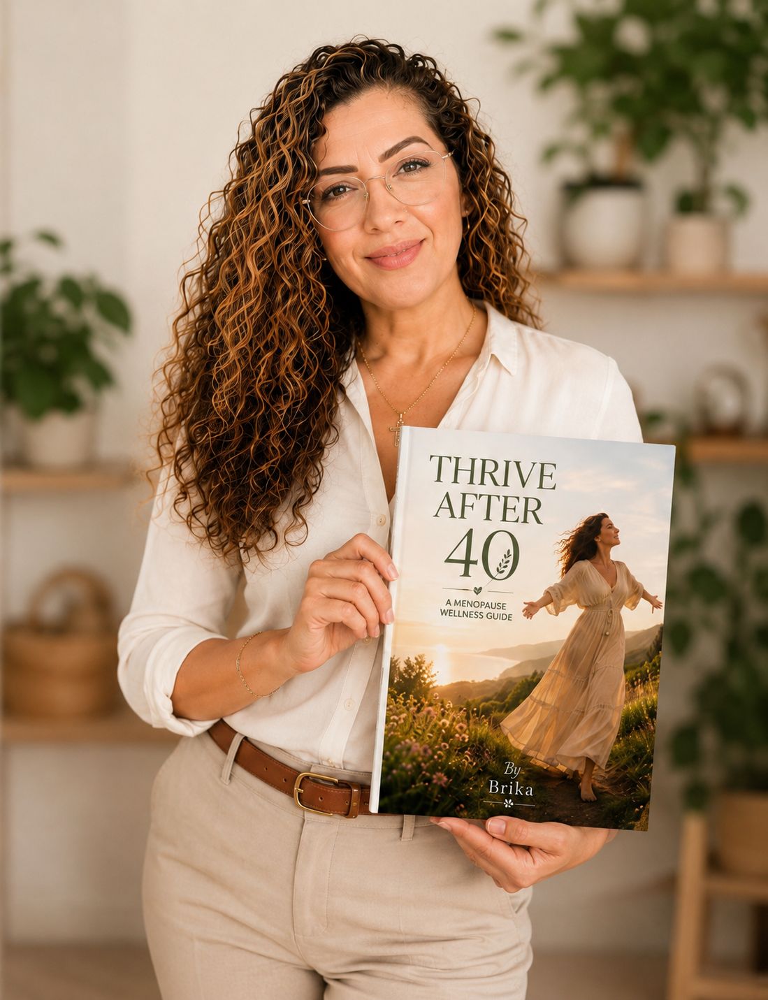 Brika holding the Thrive After 40 menopause wellness guide